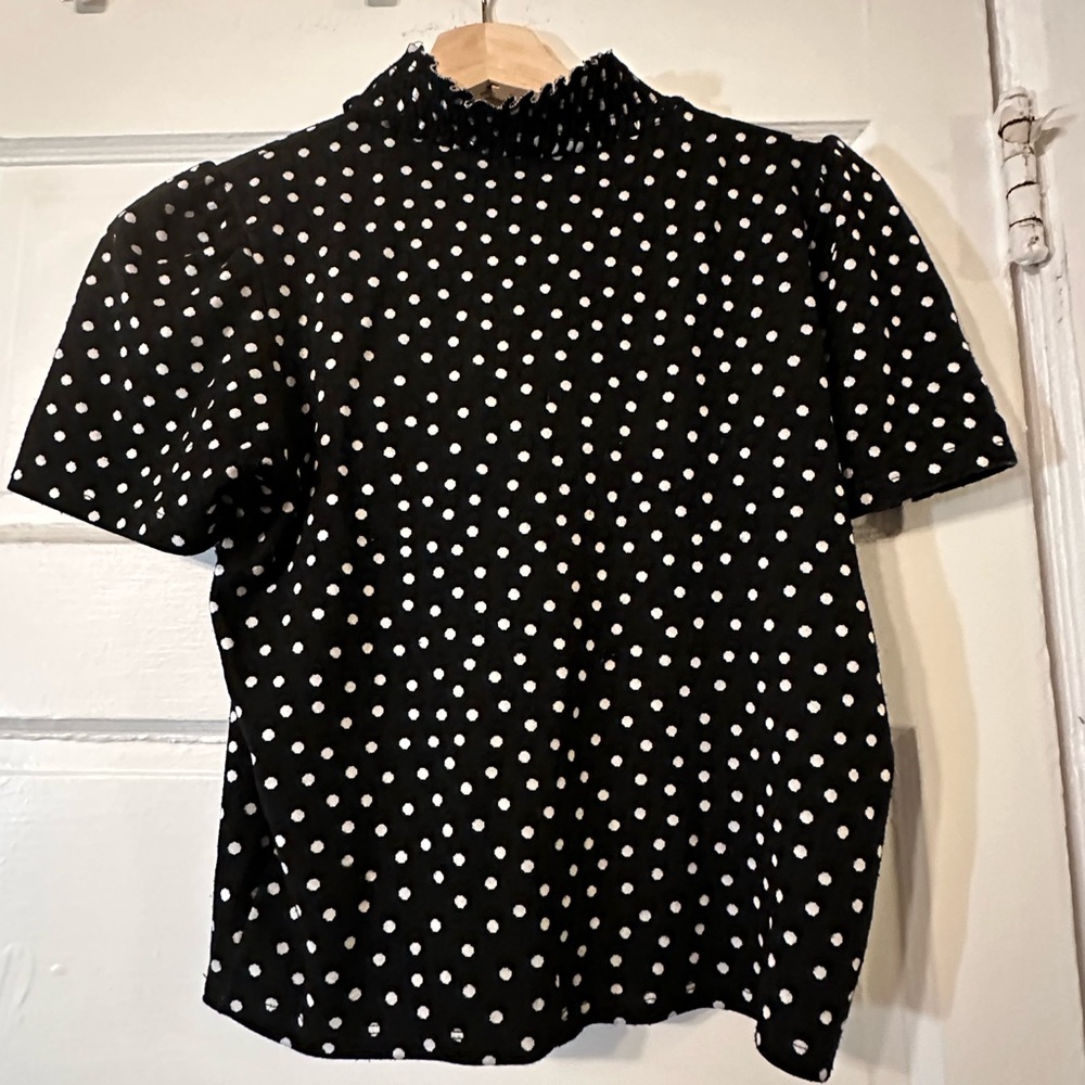 Zara Ruffled Mock Neck Polka-Dot Top